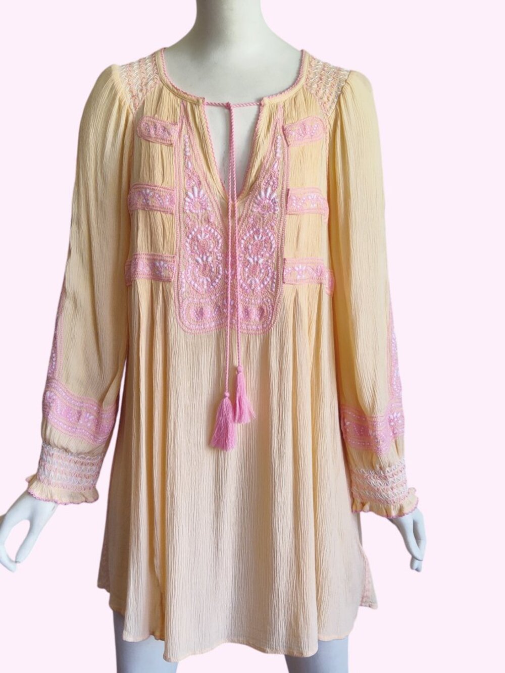 Free People Wind Willow Embroidered Tassle Tie Dress Peasant Butter Yellow Sz S